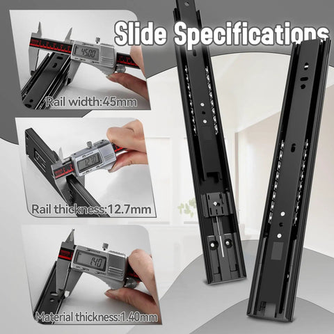 Soft Close Drawer Slides 1 Pair 12 To 24 Inch Full Extension Cabinet Runners With 100 Lb Load Capacity Side Mount Ball Bearing Metal Dresser Black 22 Inch, 45mm rail width