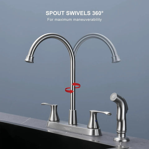 Brushed Nickel Pro Grade Two-Handle Kitchen Faucet With Side Sprayer For 4-Hole Kitchen Sink, High Arc 360 Degree Spout shown in use.