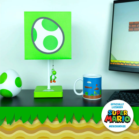 Yoshi Egg Night Light Lamp For Gamers, Cozy Game Room Decor with green pull chain, beside Super Mario mug and monitor