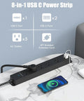 Surge Protector Power Strip With USB C Ports, 5 Outlets And 3 USB Ports, on a table, charging a smartphone with braided cord.