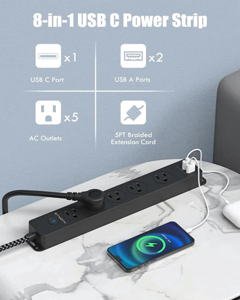Surge Protector Power Strip With USB C Ports, 5 Outlets And 3 USB Ports, on a table, charging a smartphone with braided cord.