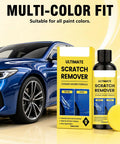 No Sweat Car Scratch Remover Quick Fix Paste For Shallow And Deep Auto Scratches Treats All Paint Colors visible with blue car and packaging.