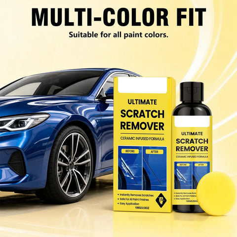 No Sweat Car Scratch Remover Quick Fix Paste For Shallow And Deep Auto Scratches Treats All Paint Colors visible with blue car and packaging.