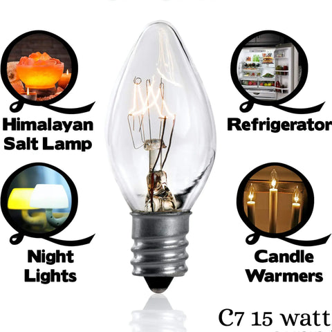 Ultimate 15 Watt Salt Lamp Replacement Bulbs 8 Pack For Himalayan Salt Lamps Chandeliers Baskets Wax Warmers And Night Lights With E12 Socket C7 Base Warm White shown with usage examples including night lights and candle warmers