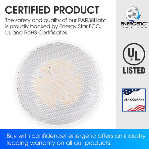 Front view of Powerful 100W Outdoor Par38 LED Flood Light 1250lm 5000K Daylight Dimmable E26 Base Waterproof UL Listed bulb.