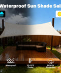 Beige Square Waterproof Sun Shade Sail 9.5 Ft By 9.5 Ft UPF50 Plus Canopy Awning Shelter For Outdoor Patio Garden Backyard Carport Water Resistant 95 Percent UV Blockage Easy Install Custom Size Available installed over wooden patio.