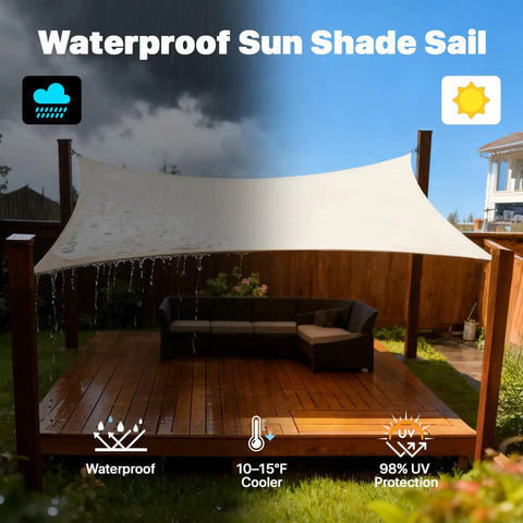 Beige Square Waterproof Sun Shade Sail 9.5 Ft By 9.5 Ft UPF50 Plus Canopy Awning Shelter For Outdoor Patio Garden Backyard Carport Water Resistant 95 Percent UV Blockage Easy Install Custom Size Available installed over wooden patio.