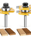 2 Pack Tongue And Groove Router Bit Set 1/4 Inch Shank, Adjustable 3 Tooth T Style Bits For 3/4 Inch Stock, 1/2 Inch Cutting Depth