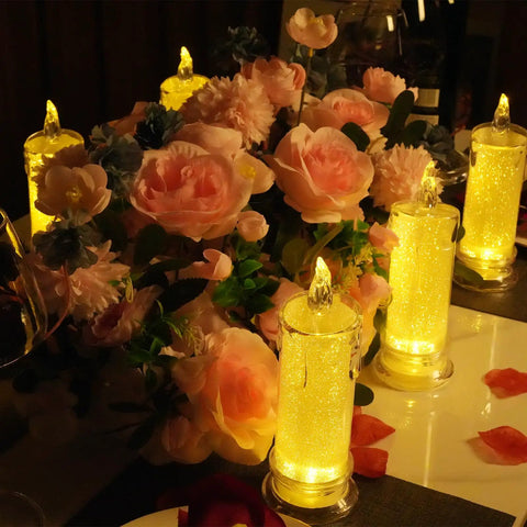 Two Pack LED Flameless Candles with Realistic Flicker Flame on table with flowers, romantic dinner setting