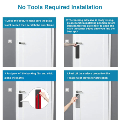 Installation steps for Tough As Nails Steel Dog Door Protector and Scratch Proof Kick Plate covering door seams without tools.