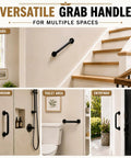 Heavy Duty 12 Inch Black Metal Wall Mount Stair Handrail Grab Bar displayed in multiple setups: stairs, bathroom, and entryway.