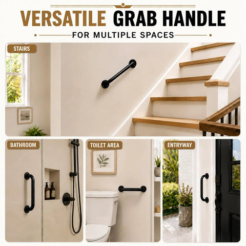 Heavy Duty 12 Inch Black Metal Wall Mount Stair Handrail Grab Bar displayed in multiple setups: stairs, bathroom, and entryway.