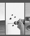 Installation process of Invisible Metal Magnetic Door Catch Stops, showing drill, mounting on wall, and latch detail.