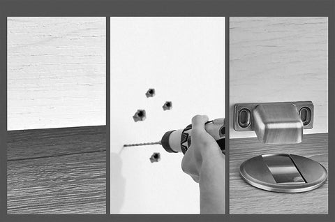 Installation process of Invisible Metal Magnetic Door Catch Stops, showing drill, mounting on wall, and latch detail.