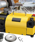 Portable Electric Drill Sharpener For Knives And Chisels With Adjustable Angle Grinding Head, yellow tool with grinding wheel and accessories.
