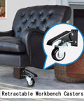 Heavy Duty Retractable Casters For Workbenches 4 Pack Stepdown Polyurethane Wheels With Stainless Steel Brackets shown on a black leather couch.