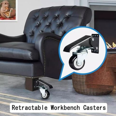 Heavy Duty Retractable Casters For Workbenches 4 Pack Stepdown Polyurethane Wheels With Stainless Steel Brackets shown on a black leather couch.