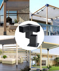 6x6 Pergola Bracket Kit With Powder Coated Carbon Steel Post Brackets, Right Angle Woodworks Hardware displayed in various pergola setups.
