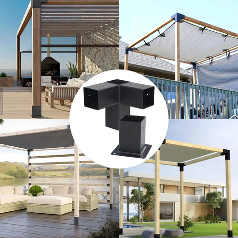 6x6 Pergola Bracket Kit With Powder Coated Carbon Steel Post Brackets, Right Angle Woodworks Hardware displayed in various pergola setups.