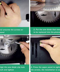 Steps for replacing the blade on Fresh Knockout Desktop Mini Table Saw With Clear Safety Baffle For Clean 90 Degree And 45 Degree Cuts On Wood Acrylic Plastic Aluminum And Craft Projects No Drama Here.