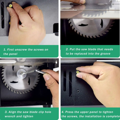 Steps for replacing the blade on Fresh Knockout Desktop Mini Table Saw With Clear Safety Baffle For Clean 90 Degree And 45 Degree Cuts On Wood Acrylic Plastic Aluminum And Craft Projects No Drama Here.
