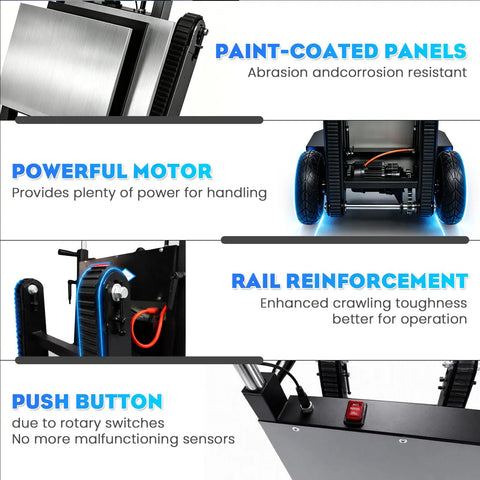 Powerful Electric Stair Climbing Hand Truck With Heavy Duty Rubber Tracks And Adjustable Tray For Moving Furniture Up Stairs Fast Plus Lithium Battery Safety Rope Gear features motor, rail reinforcement, and push button controls.