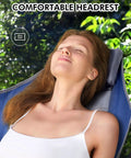 Person relaxing in a hammock camping chair with comfortable headrest. Hammock Camping Chair With 3 Height Settings And Headrest Portable Adjustable Backrest Padded Seat Cup Holder Comfy Ride Heavy Duty Seat Supports Up To 450 Lbs For Outdoor Adventures.