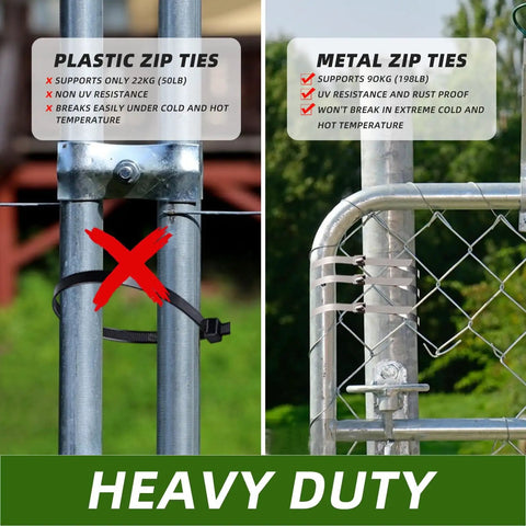 Comparison of plastic and metal zip ties, highlighting strength and durability. Built Tough Heavy Duty Stainless Steel Zip Ties 11.8 Inch By 0.18 Inch 304 Stainless Cable Ties For Chain Link Fences, Chicken Coops, Electrical Cables, Pipes, Exhaust Wraps, Outdoor Use, Rust Proof, UV Resistant 100 Pack.