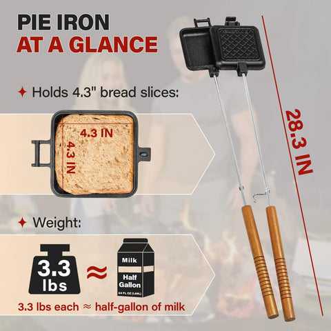 Heavy Duty Cast Iron Campfire Pie Maker Set 28.3 inch long with wooden handles, fits 4.3 inch bread, weight comparable to half-gallon milk