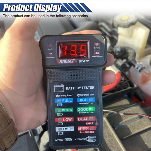 12V Car Battery Tester and Alternator Charging System Analyzer With Real Time Voltage Battery Health Check And DIY Friendly Electrical Diagnostic Tool For Quick Easy Vehicle Power Troubleshooting shown in hand
