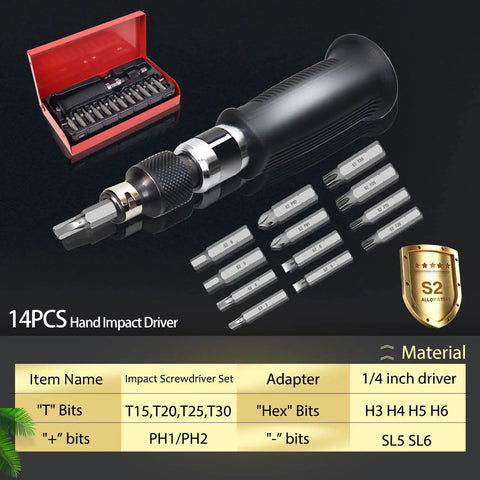 Hand Manual Reversible Impact Driver Set with Extractor and S2 Steel Bits, 1/4 Inch Drive for Loosening Rusted Fasteners.