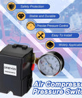 Air Compressor Pressure Switch 135 To 175 PSI 4 Port 20 Amp With 0 To 200 PSI Gauge And 200 PSI Safety Relief Valve Quarter Inch NPT
