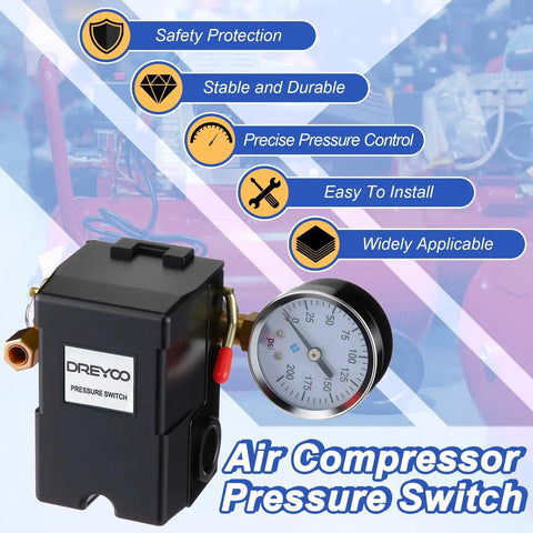 Air Compressor Pressure Switch 135 To 175 PSI 4 Port 20 Amp With 0 To 200 PSI Gauge And 200 PSI Safety Relief Valve Quarter Inch NPT
