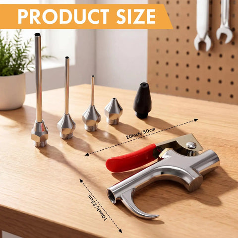 Four Sets Industrial Air Blow Gun Kits With Adjustable Nozzles And Steel Tips For Pneumatic Tools Built Tough To Kick Dirt And Debris Out Fast, showing tools' size and design.