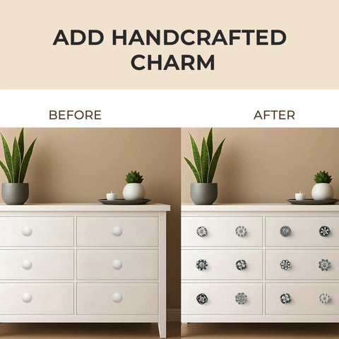 Before and after of dresser with Vintage Black And White Hand Painted Ceramic Cabinet Knobs Set Of 30 For Kitchen Cabinets And Vanities