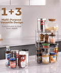 Two Pack Two Tier Clear Acrylic Lazy Susan Turntable Organizer with condiments and spices on a kitchen countertop.