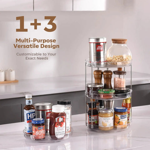 Two Pack Two Tier Clear Acrylic Lazy Susan Turntable Organizer with condiments and spices on a kitchen countertop.