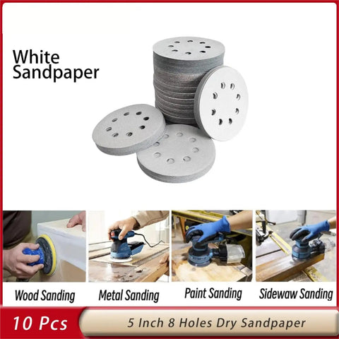Premium 5 Inch Sanding Discs With 8 Holes For Dust Free Grinding Super Grip Hook And Loop Backing ideal for sanding wood and metal.