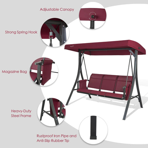 Outdoor Porch Swing Glider With Adjustable Canopy And Weather Resistant Steel Frame Breathable Textilene Seat And Back Heavy Duty Springs