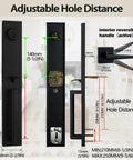 Iron Black Front Double Door Handleset With Keyed Entry, movable hole position, adjustable backset, and size details shown