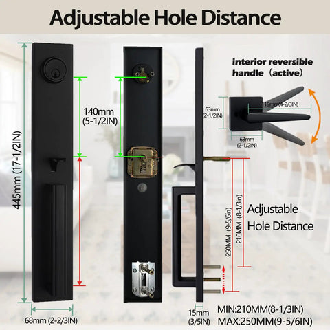 Iron Black Front Double Door Handleset With Keyed Entry, movable hole position, adjustable backset, and size details shown