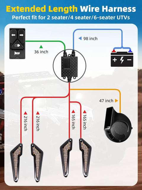Diagram of Road Ready UTV Turn Signal Kit With White DRL And Red Running Light, 4 In 1 Rocker Switch, wiring lengths shown.