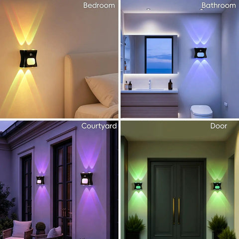 Motion Sensor Light Indoor with Remote, Rechargeable Wireless LED Sconce displayed in bedroom, bathroom, courtyard, and door.