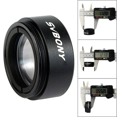 0.5x Telescope Focal Reducer for 1.25 Inch Eyepieces with M28x0.6 Threads shown with caliper measurements