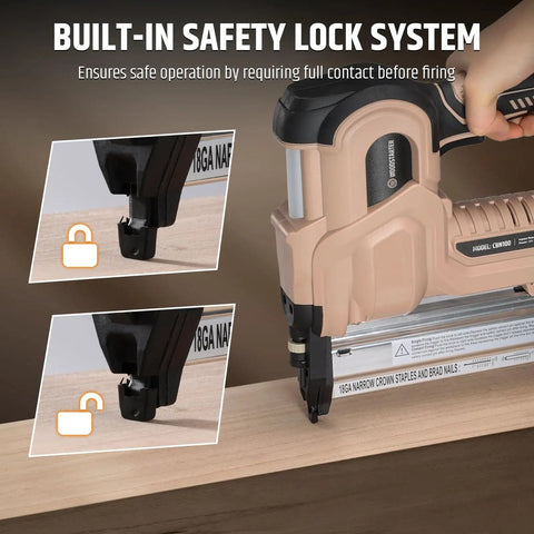 Real Badass Cordless 2 In 1 Brad Nailer And Stapler 18 Gauge shows built-in safety lock system for safe operation.