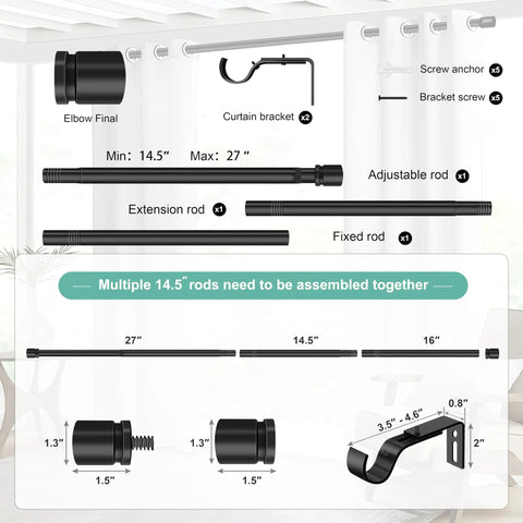 Heavy Duty Black Curtain Rod Set With Adjustable Length From 32 To 58 Inches, 1 Inch Diameter, Rustproof Metal Pole And Brackets