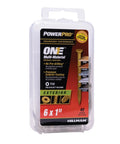 Premium One Multi Material Flat Head Screws For Wood Metal Concrete Drywall And Plastic Epoxy Coated Steel Size Six By One Inch Pack Of Forty Bronze Finish No Pre Drilling Required Go To All Purpose Fasteners displayed in packaging