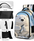 Frosty Polar Bear Printed Unisex Backpack with strong zippers, side pockets, and breathable shoulder straps for everyday carry.