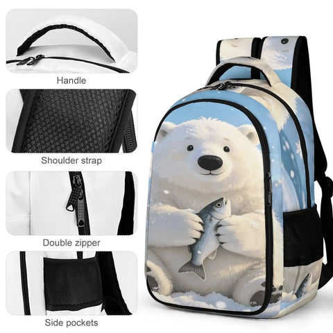 Frosty Polar Bear Printed Unisex Backpack with strong zippers, side pockets, and breathable shoulder straps for everyday carry.