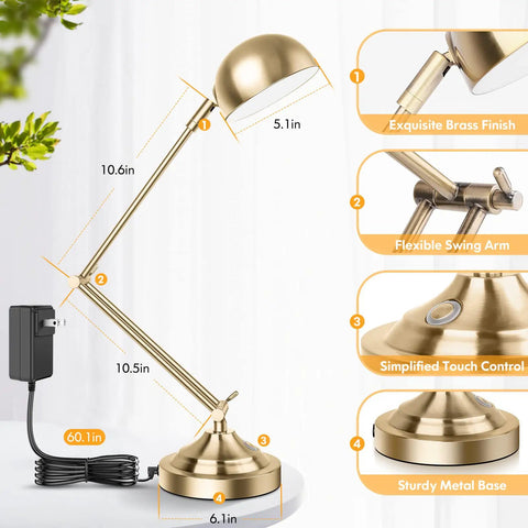 Brass Vintage Desk Lamp With USB Port, Dimmable Touch Control, 3 Color Modes, showing adjustable arm and metal base details